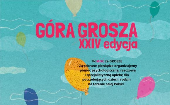 Plakat Góra Grosza XXIC edycja rysunek na tle nieba kolorowe baloniki napis pomo