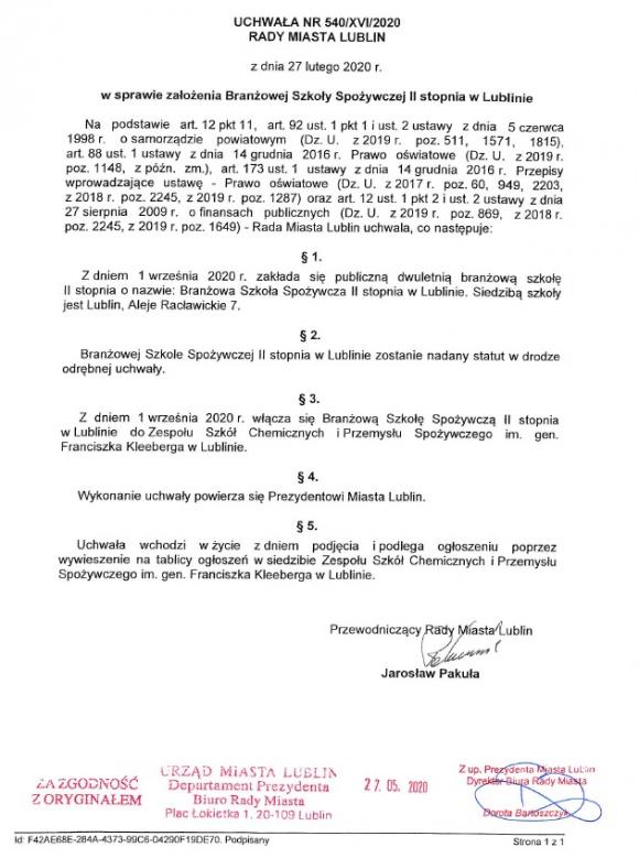 Uchwała nr 540/XVI/2020 Rady Miasta Lublin